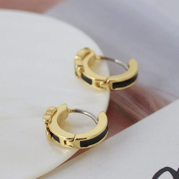 NWOT Tory Burch Gold, Black Small Sheriff T Huggie Hoop Earring’s - Picture 6 of 7